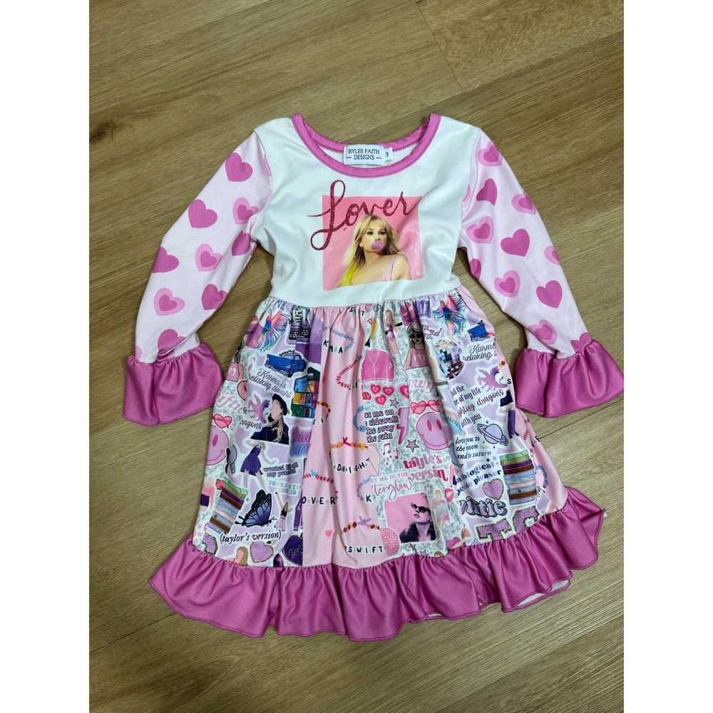 Rylee Faith Designs Taylor Swift Dress Girls Size 3 Pink Long Sleeve Ruffle